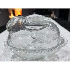 Vtg Indiana Glass Bunny Rabbit on Nest Candy Dish Beaded Rim Easter Decor